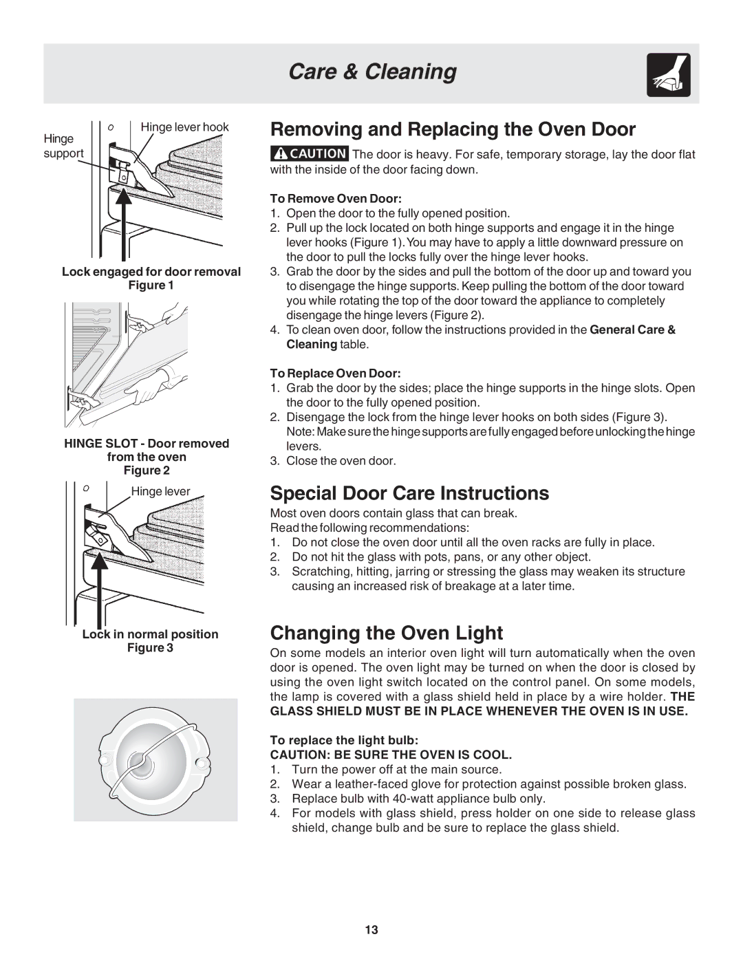 Frigidaire 318205120 warranty Removing and Replacing the Oven Door, Special Door Care Instructions, Changing the Oven Light 