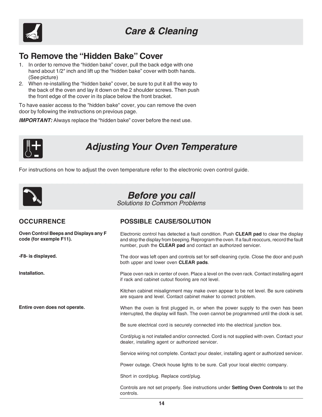 Frigidaire 318205120 warranty Adjusting Your Oven Temperature, Before you call, To Remove the Hidden Bake Cover 