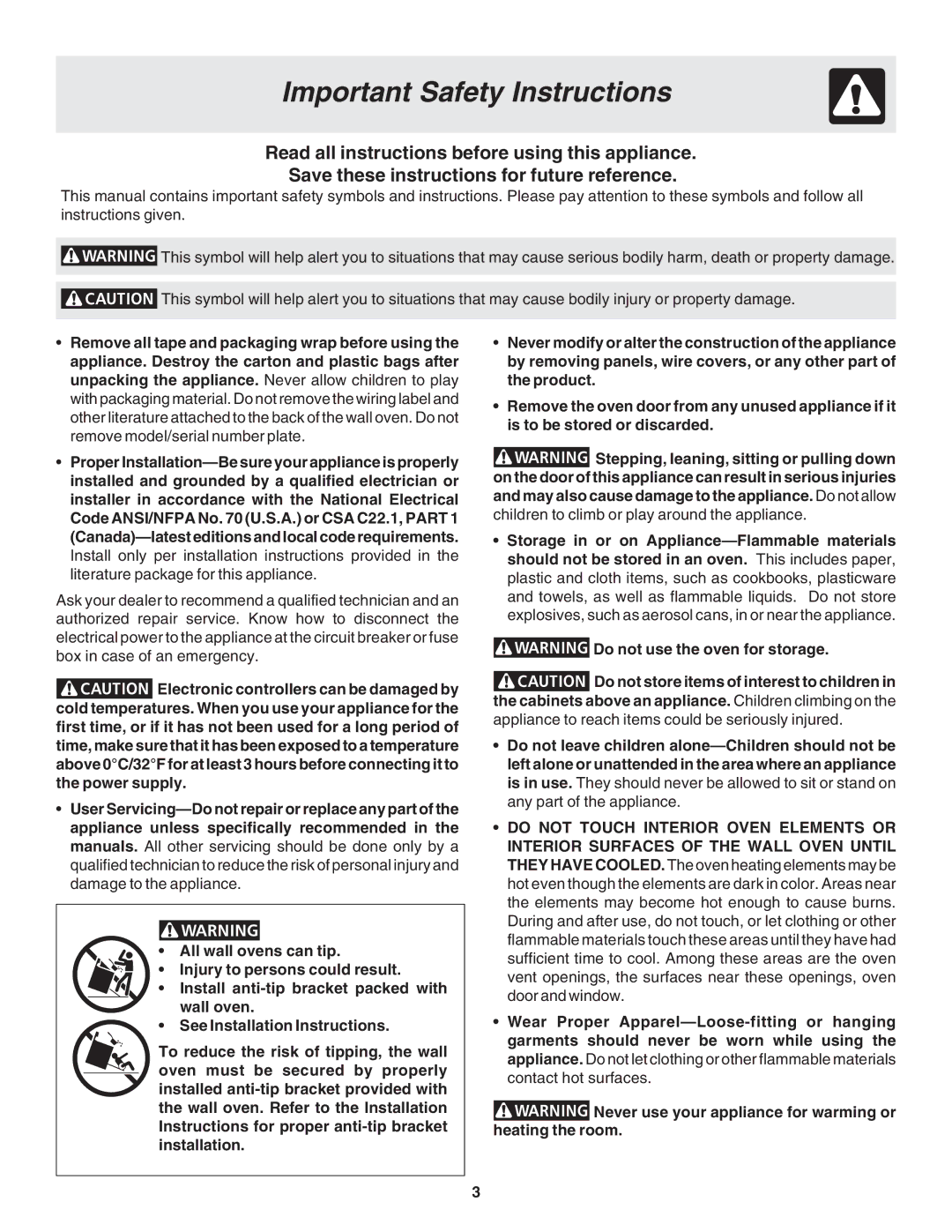 Frigidaire 318205120 warranty Important Safety Instructions 