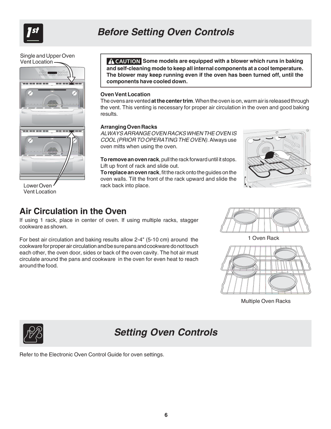 Frigidaire 318205120 warranty Before Setting Oven Controls, Air Circulation in the Oven, Arranging Oven Racks 