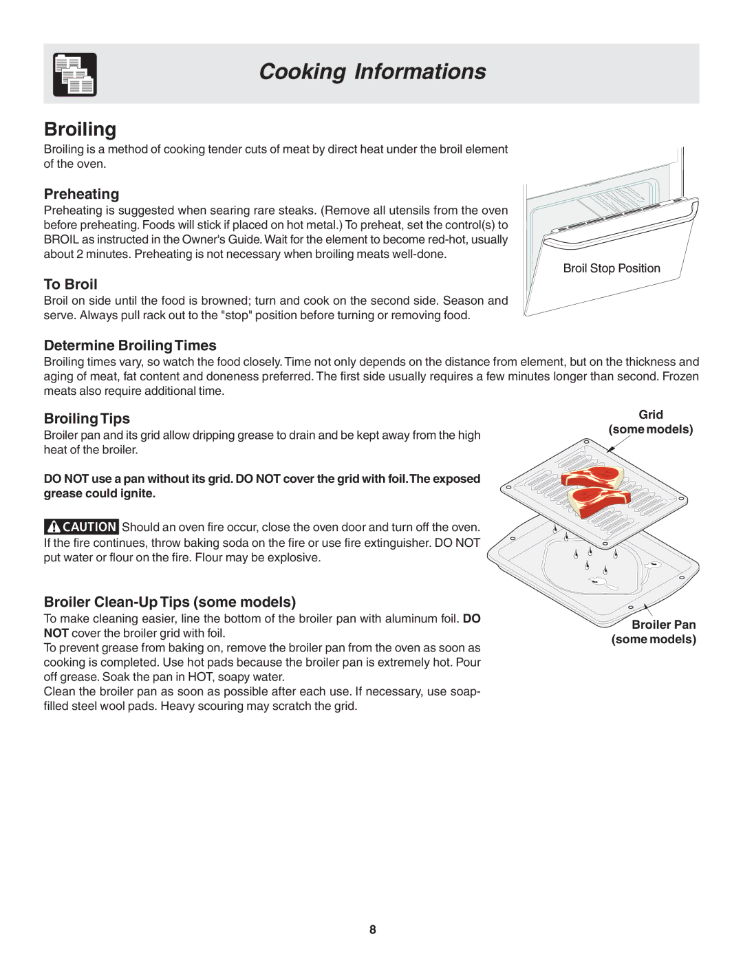 Frigidaire 318205120 warranty Broiling, Grid Some models Broiler Pan some models 