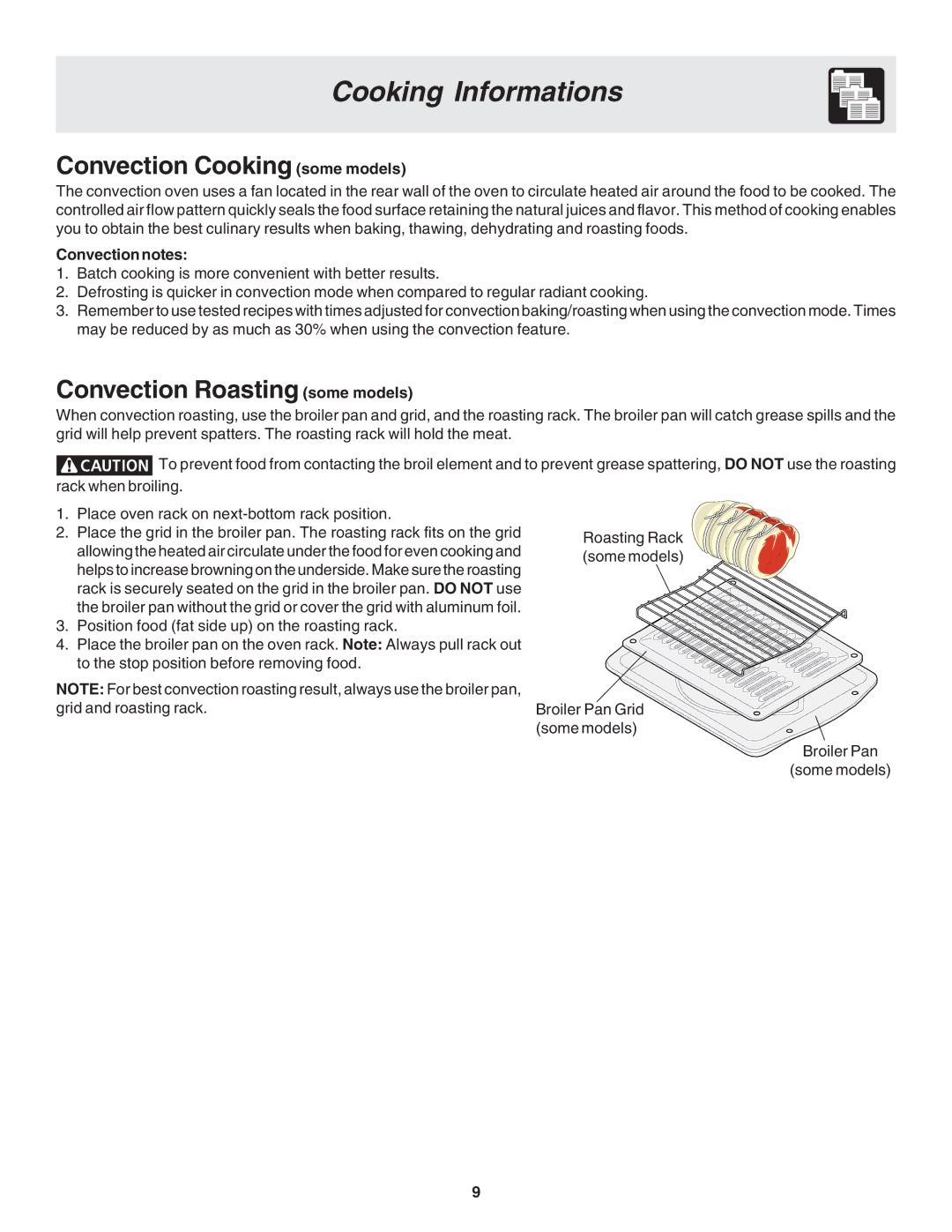 Frigidaire 318205120 warranty Convection Cooking some models, Convection Roasting some models, Convection notes 