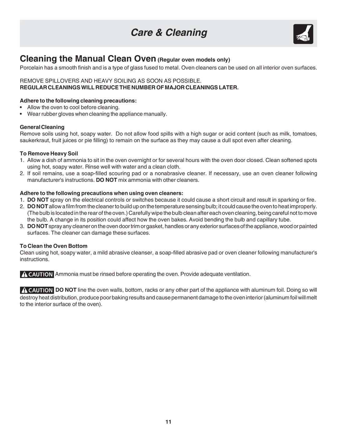 Frigidaire 318205121 Cleaning the Manual Clean Oven Regular oven models only, General Cleaning, To Remove Heavy Soil 