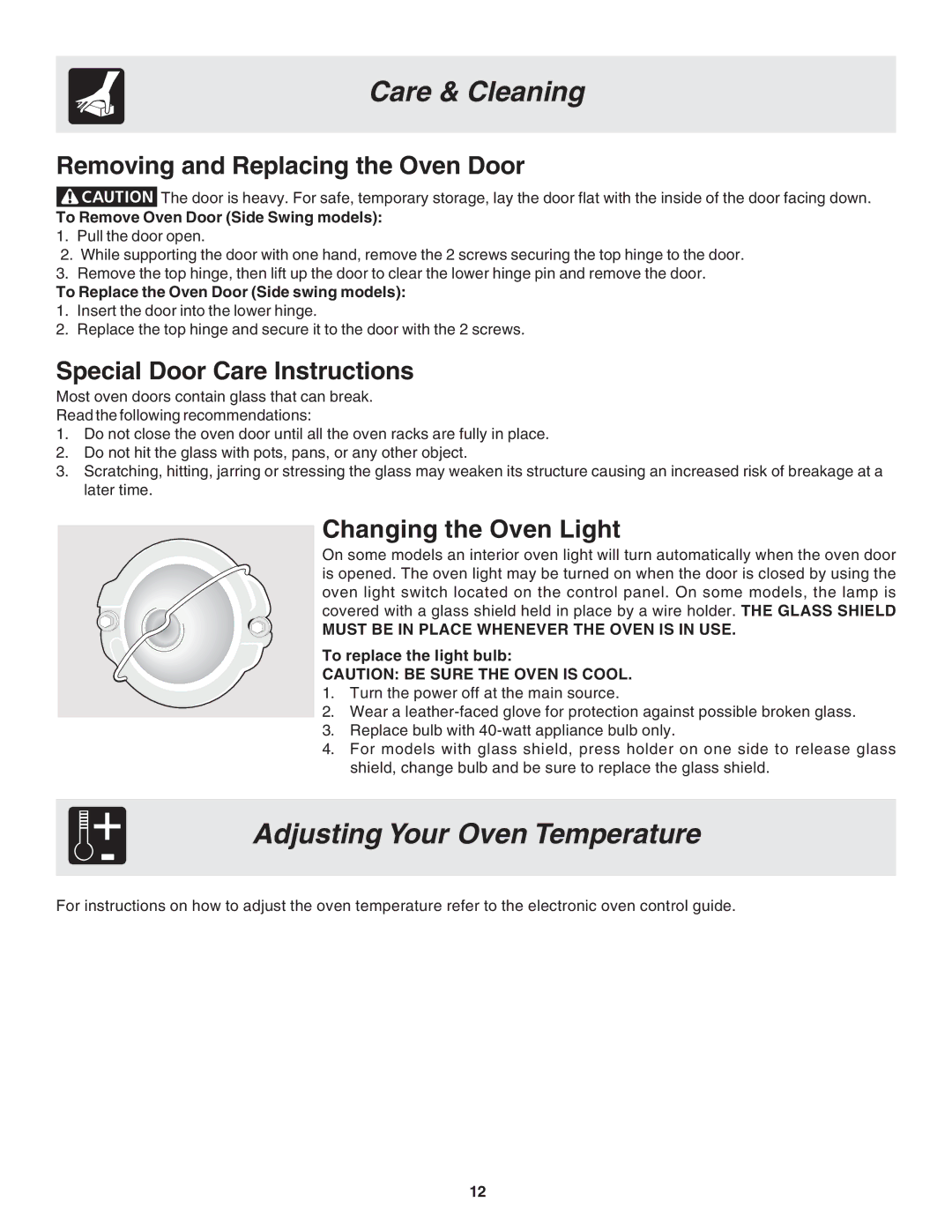 Frigidaire 318205121 Adjusting Your Oven Temperature, Removing and Replacing the Oven Door, Special Door Care Instructions 