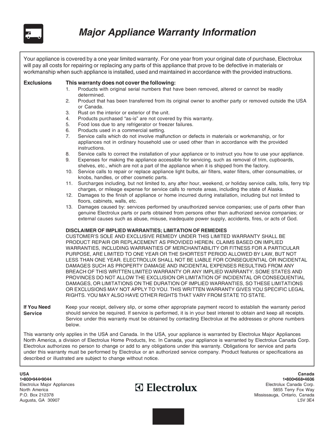 Frigidaire 318205121 warranty Major Appliance Warranty Information, Exclusions 