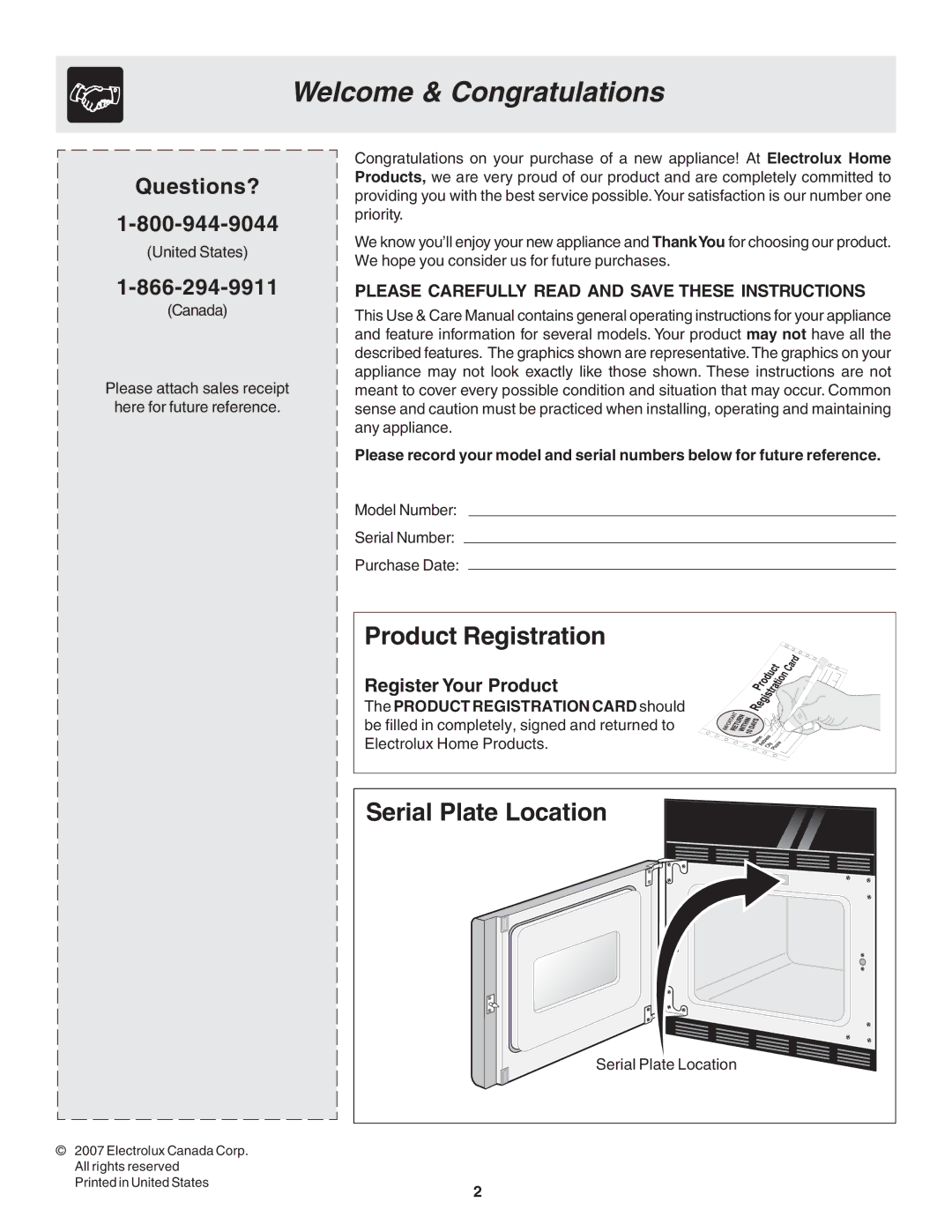 Frigidaire 318205121 warranty Welcome & Congratulations, Product Registration, Serial Plate Location, Register Your Product 