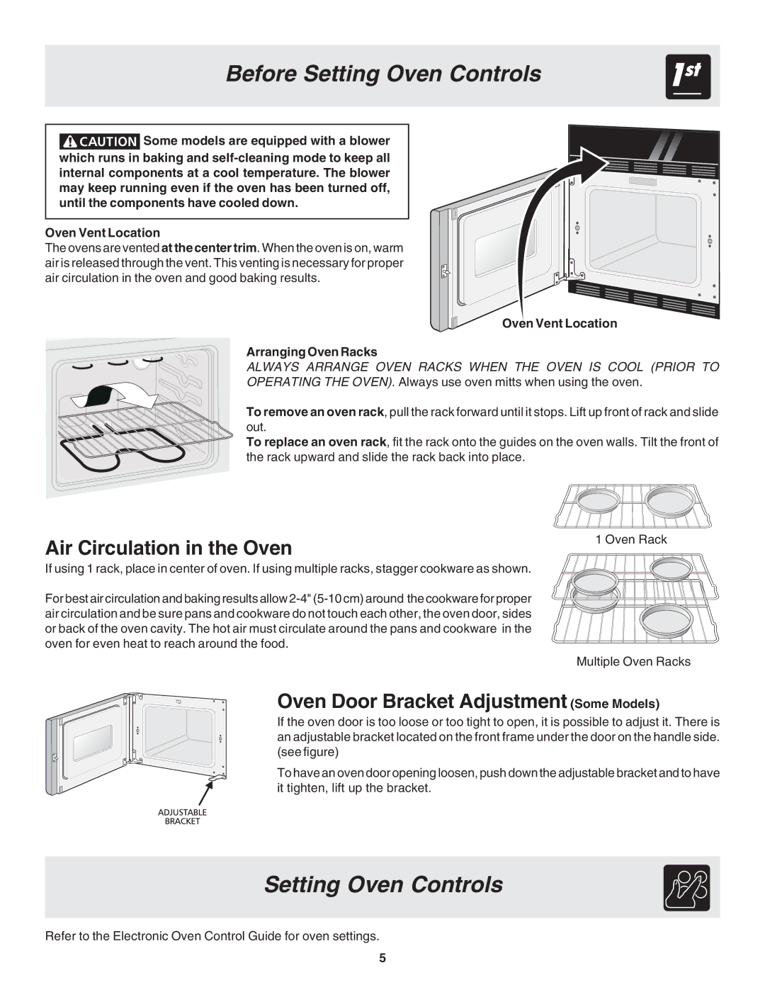 Frigidaire 318205121 Before Setting Oven Controls, Air Circulation in the Oven, Oven Door Bracket Adjustment Some Models 