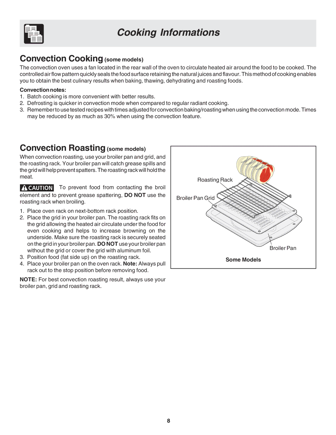 Frigidaire 318205121 warranty Convection Cooking some models, Convection Roasting some models, Convection notes 