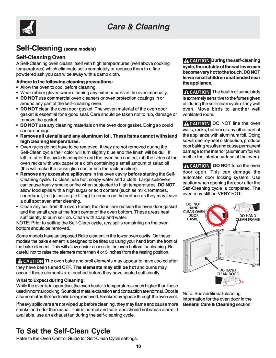 Frigidaire 318205121 warranty Self-Cleaning some models, To Set the Self-Clean Cycle, Self-Cleaning Oven, Care & Cleaning 