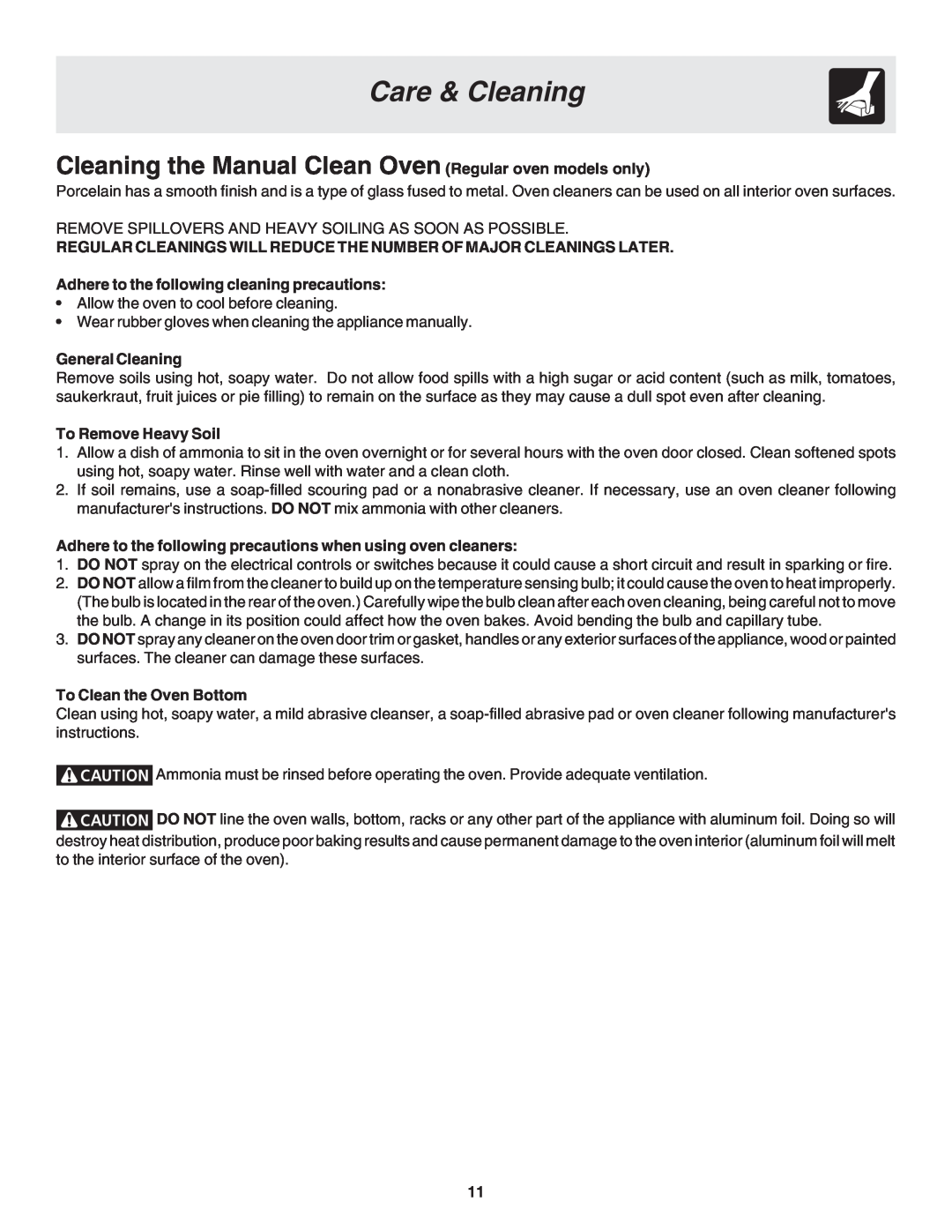 Frigidaire 318205121 Cleaning the Manual Clean Oven Regular oven models only, General Cleaning, To Remove Heavy Soil 