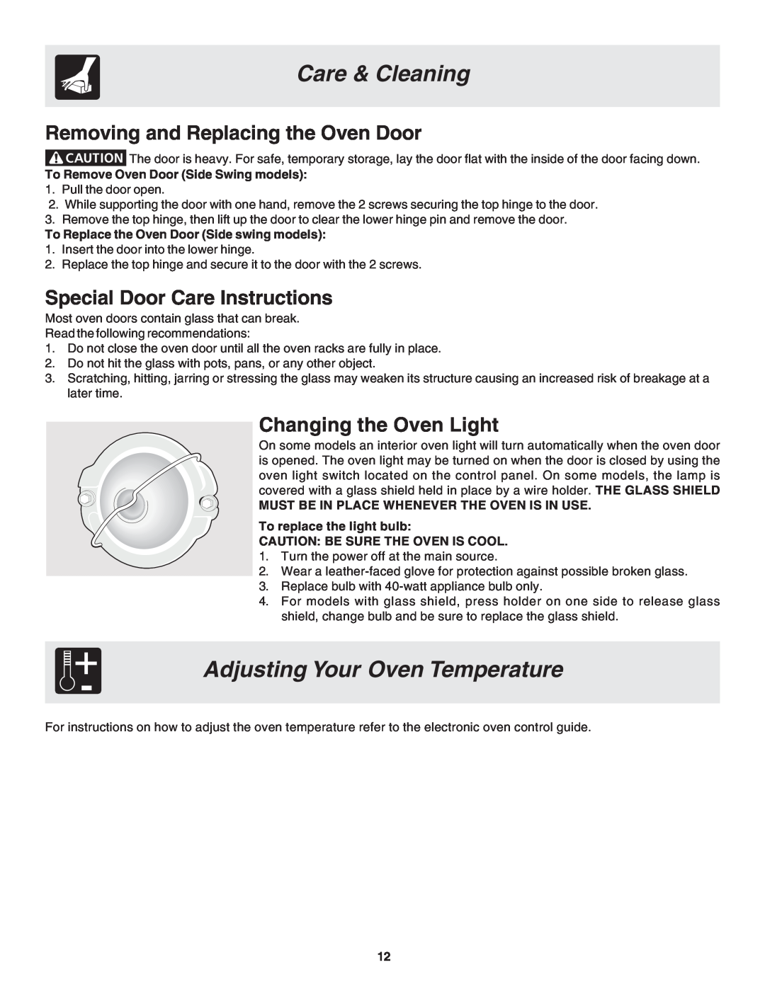 Frigidaire 318205121 Adjusting Your Oven Temperature, Removing and Replacing the Oven Door, Special Door Care Instructions 