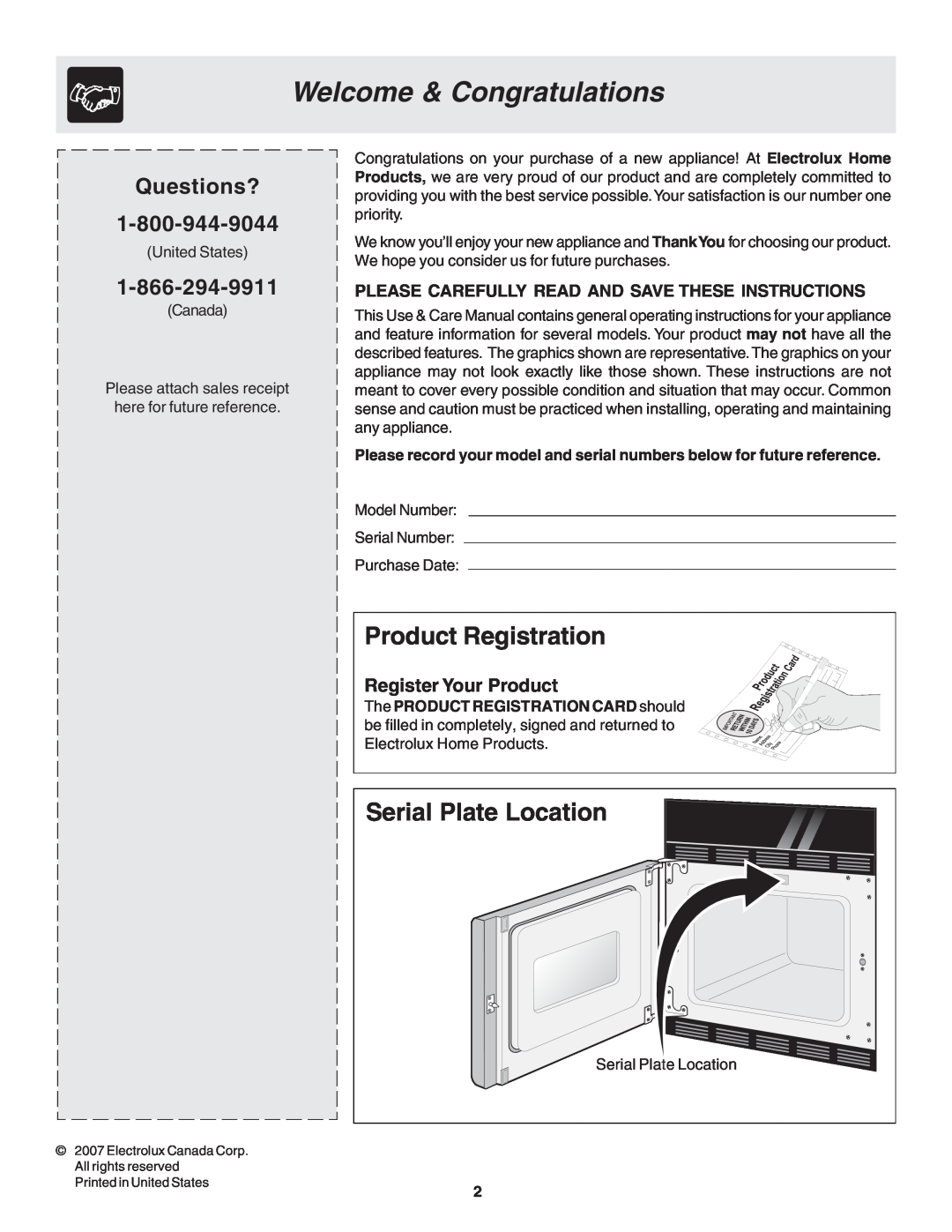 Frigidaire 318205121 warranty Welcome & Congratulations, Product Registration, Serial Plate Location, Questions? 