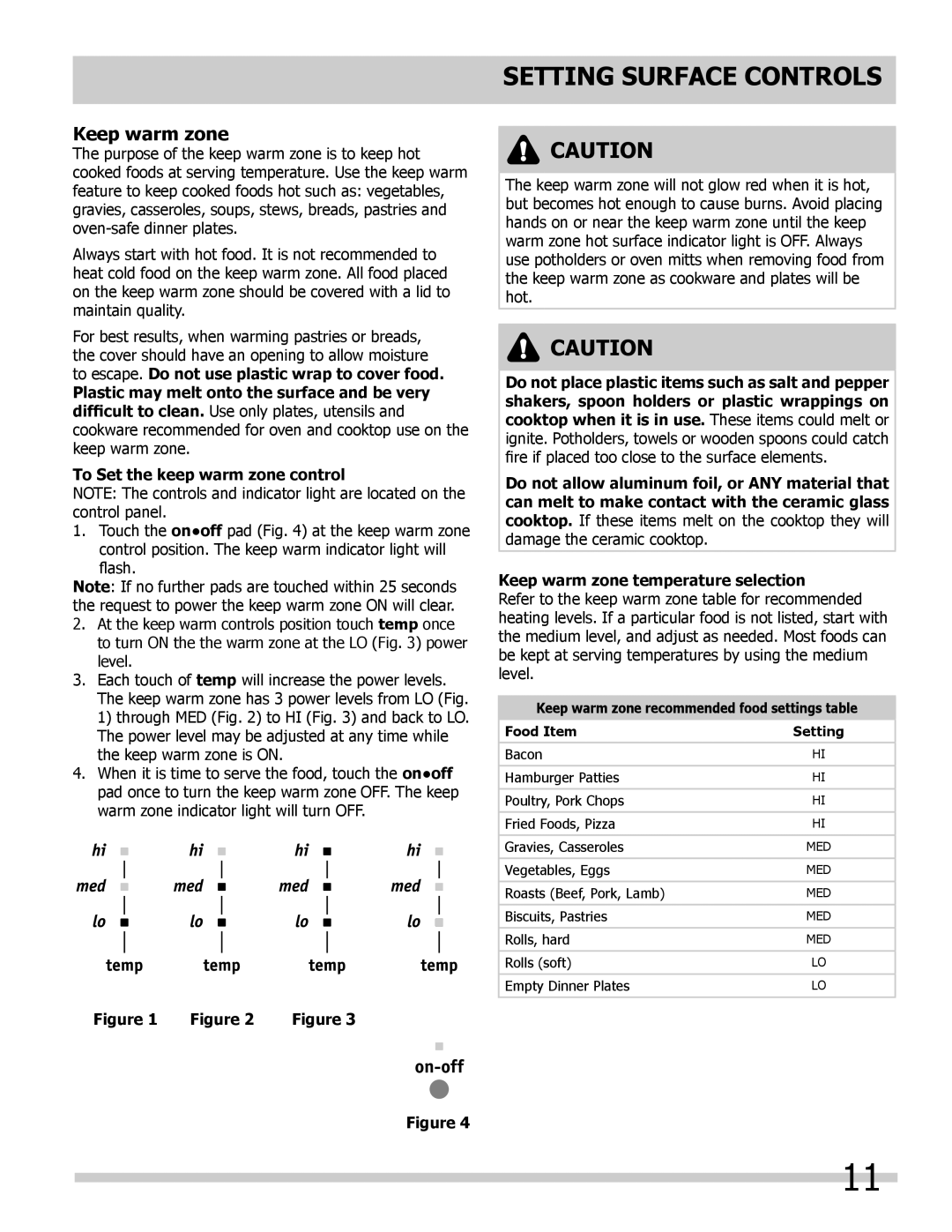 Frigidaire L5V3E4, 318205204 important safety instructions Keep warm zone recommended food settings table Food Item 