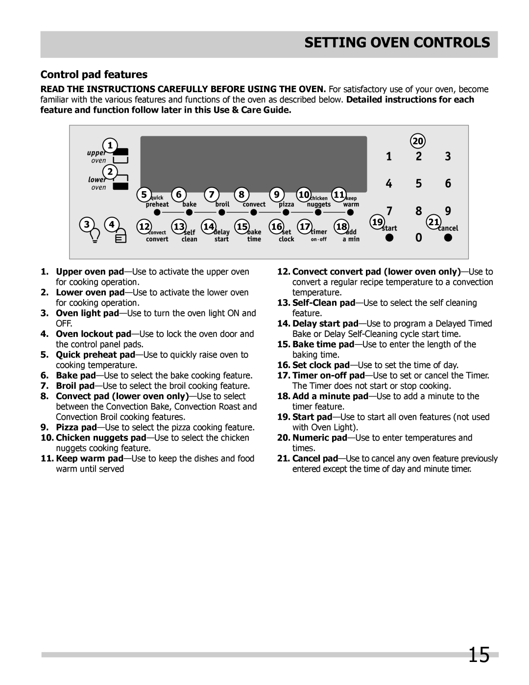 Frigidaire L5V3E4, 318205204 important safety instructions Setting Oven controls, Control pad features 