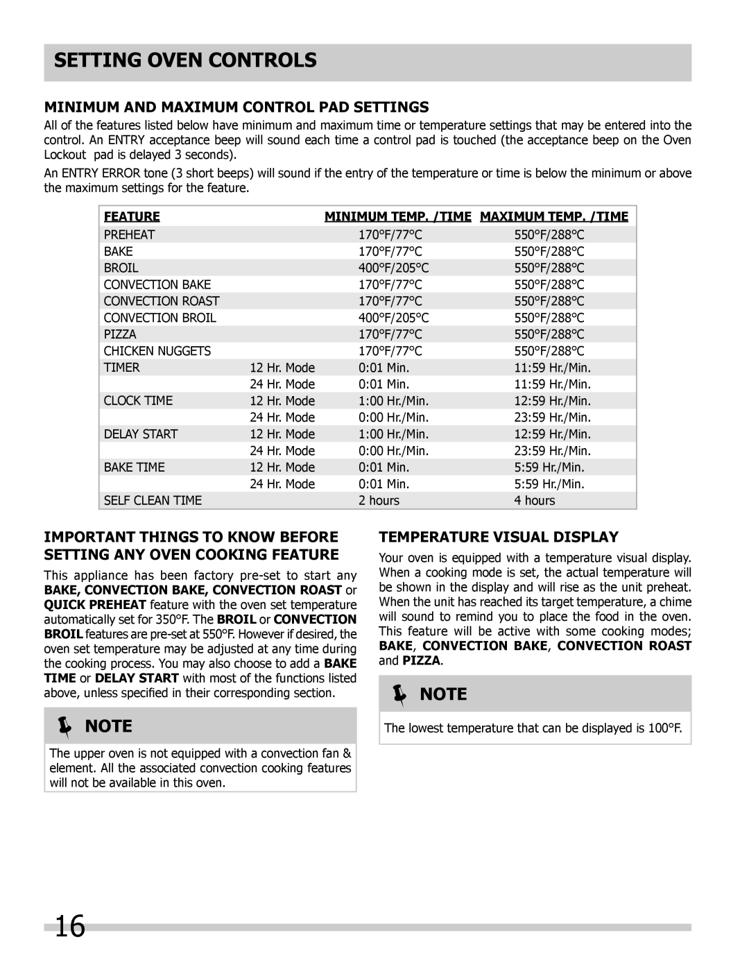 Frigidaire 318205204, L5V3E4 Minimum and Maximum Control Pad Settings, Temperature Visual Display 