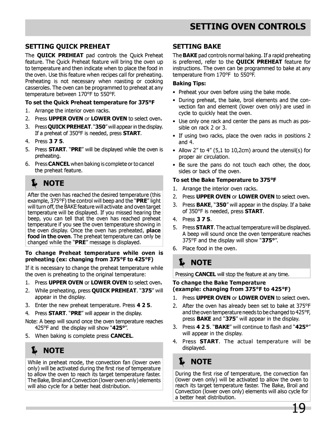 Frigidaire L5V3E4 Setting Quick Preheat, Setting Bake, To set the Quick Preheat temperature for 375F, Baking Tips 