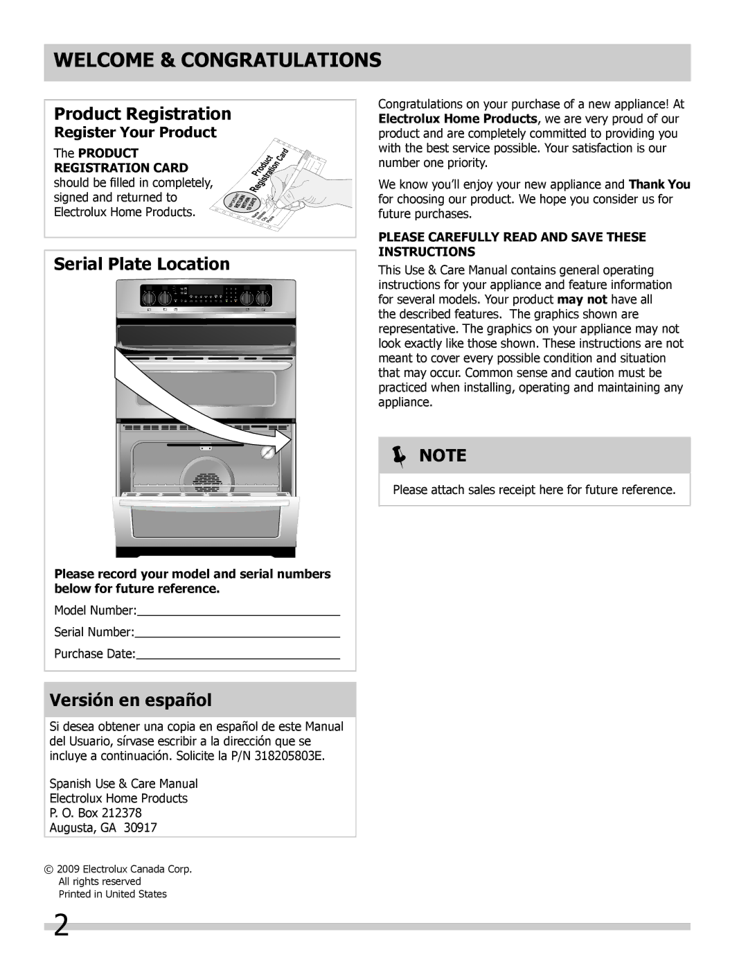 Frigidaire 318205204 Welcome & Congratulations, Register Your Product, Please Carefully read and save these instructions 