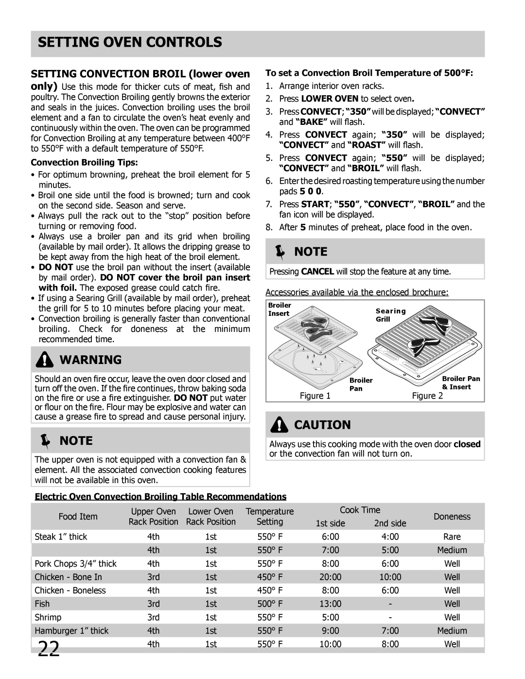 Frigidaire 318205204, L5V3E4 Setting Convection Broil lower oven only, Convection Broiling Tips 