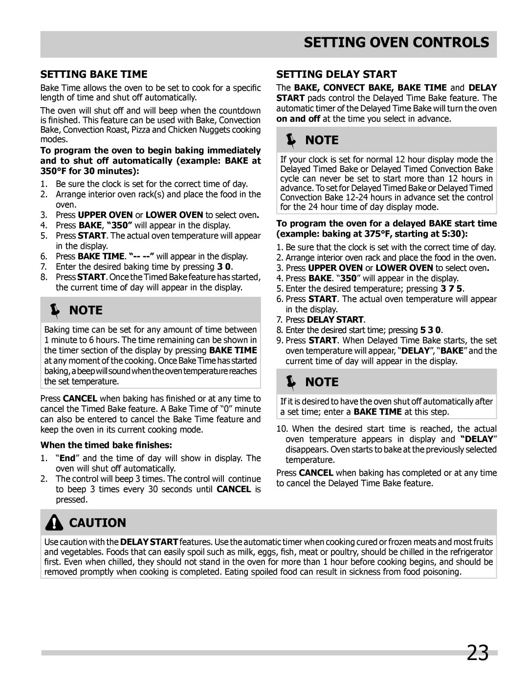 Frigidaire L5V3E4, 318205204 Setting Bake Time, Setting Delay Start, When the timed bake finishes, Press Delay Start 