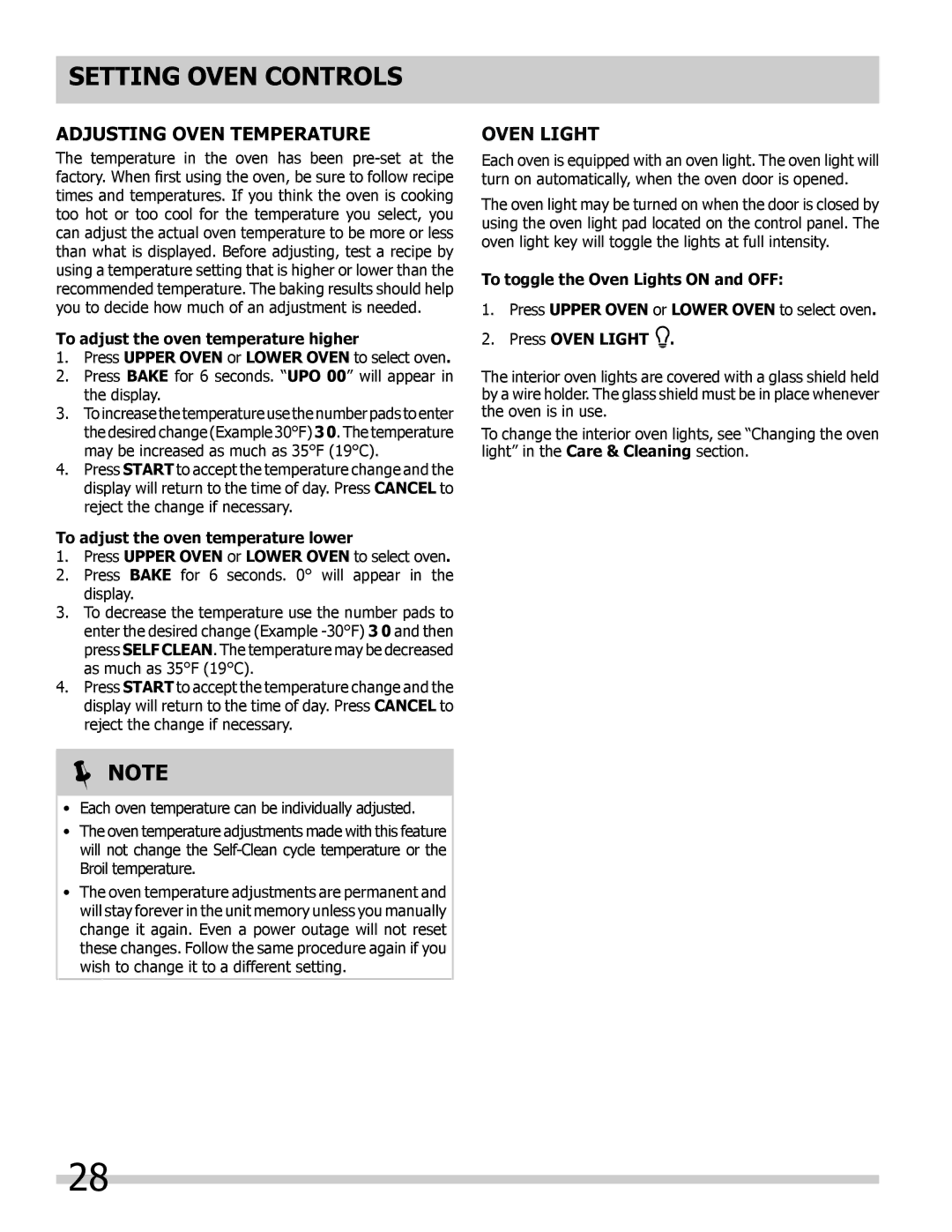 Frigidaire 318205204, L5V3E4 important safety instructions Adjusting Oven Temperature, Oven light 