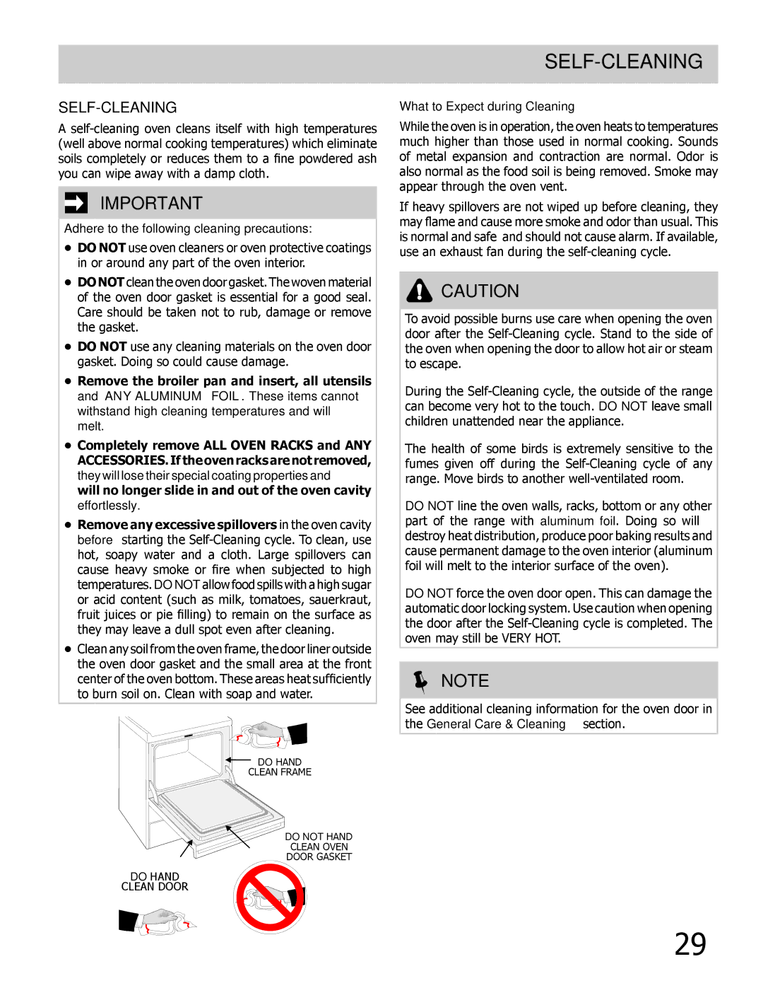 Frigidaire L5V3E4, 318205204 Self-Cleaning, Adhere to the following cleaning precautions, What to Expect during Cleaning 