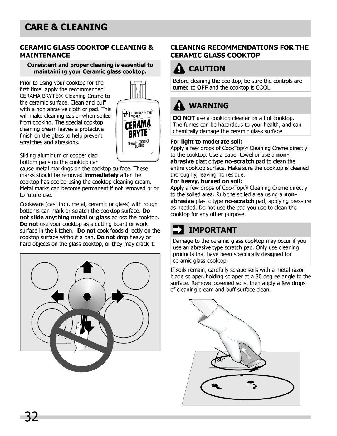 Frigidaire 318205204, L5V3E4 Care & Cleaning, Ceramic glass cooktop cleaning & maintenance, For light to moderate soil 