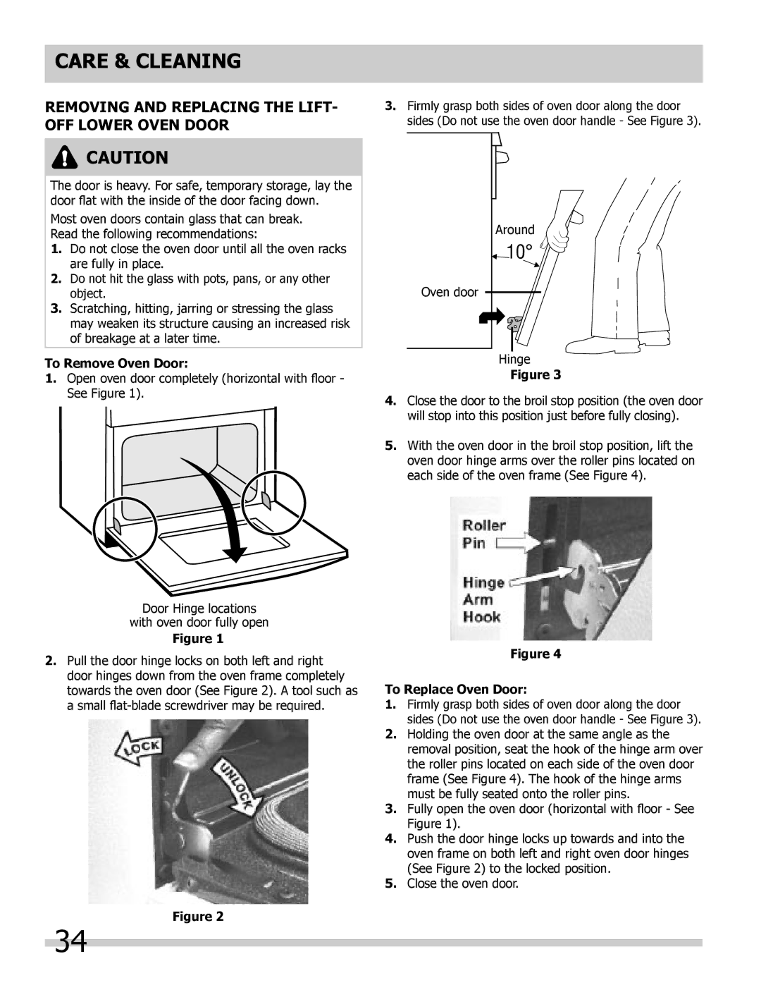 Frigidaire 318205204 Removing and replacing the lift, Off lower oven door, To Remove Oven Door, To Replace Oven Door 