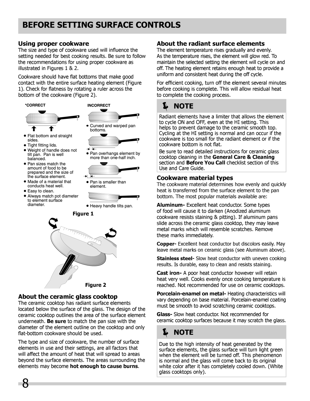 Frigidaire 318205204, L5V3E4 Using proper cookware, About the radiant surface elements, About the ceramic glass cooktop 