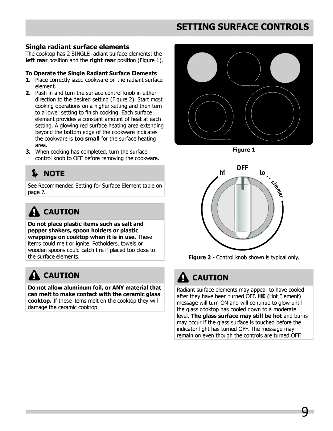 Frigidaire L5V3E4, 318205204 important safety instructions Setting surface controls, Single radiant surface elements 