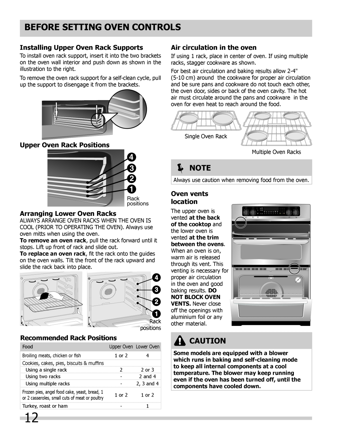 Frigidaire 318205204 Before Setting Oven Controls, Installing Upper Oven Rack Supports, Upper Oven Rack Positions, Note 