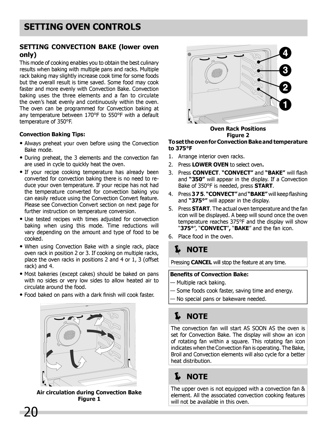 Frigidaire 318205204 Setting Oven Controls, Setting Convection Bake lower oven only, Convection Baking Tips, 4 3, Note 
