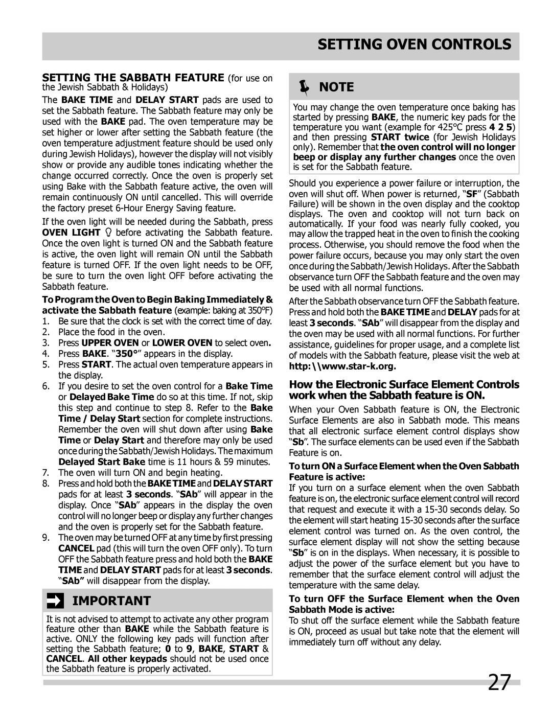 Frigidaire L5V3E4, 318205204 important safety instructions Setting Oven Controls, Note 
