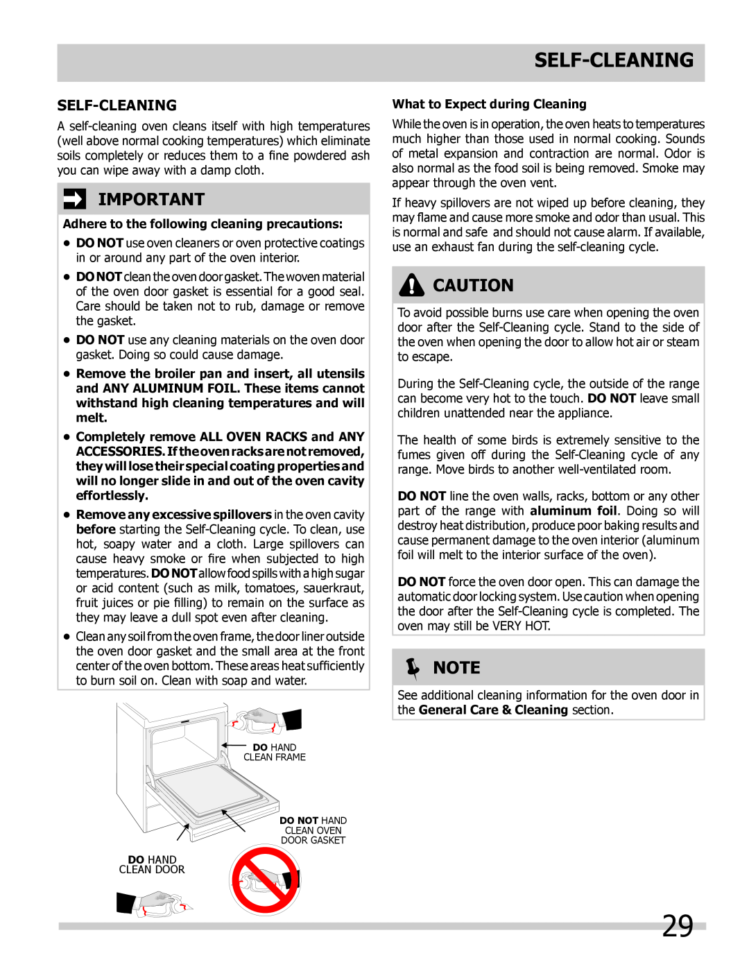 Frigidaire L5V3E4 Self-Cleaning, Adhere to the following cleaning precautions, What to Expect during Cleaning, Note 