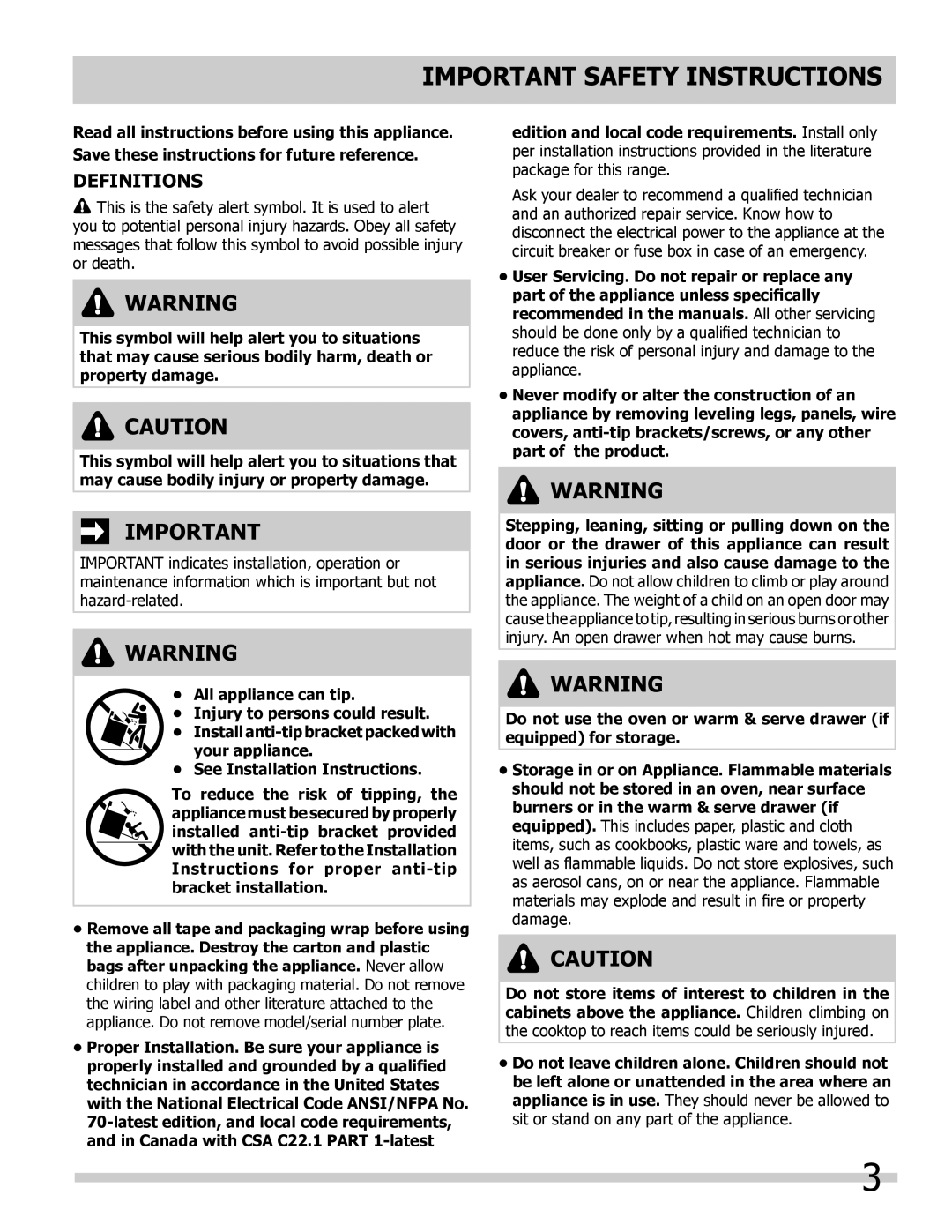 Frigidaire L5V3E4 Important Safety Instructions, Definitions, All appliance can tip, Injury to persons could result 