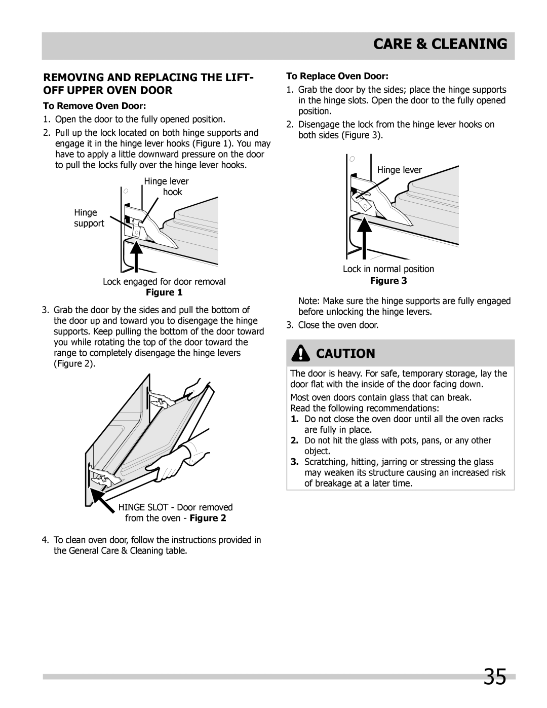 Frigidaire L5V3E4, 318205204 important safety instructions To Replace Oven Door, Care & Cleaning, To Remove Oven Door 