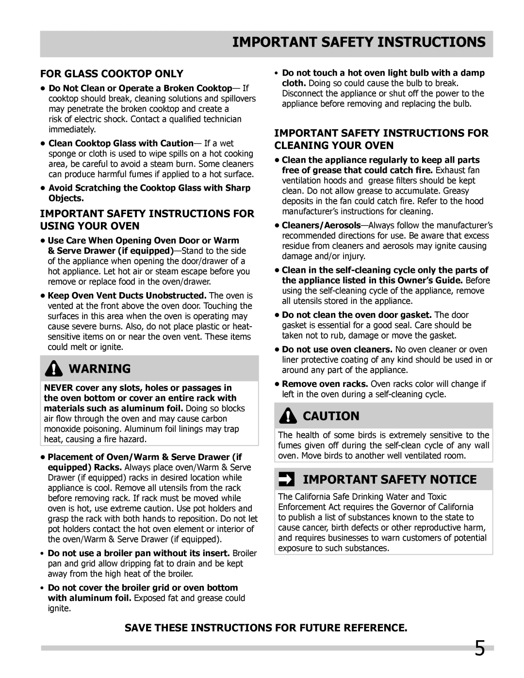 Frigidaire L5V3E4 Important Safety Notice, For Glass Cooktop Only, Important Safety Instructions For Using Your Oven 