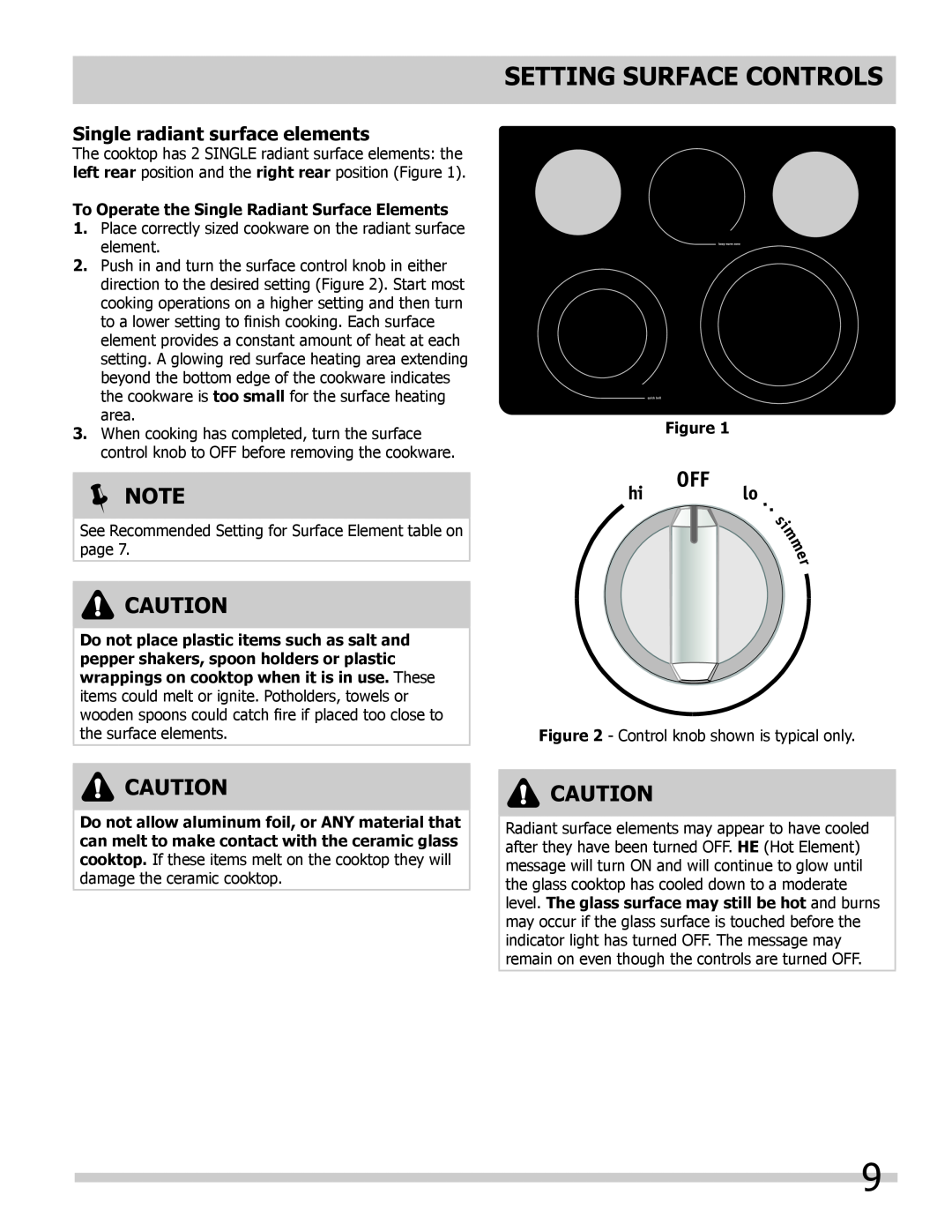 Frigidaire L5V3E4, 318205204 important safety instructions Setting surface controls, Single radiant surface elements, Note 