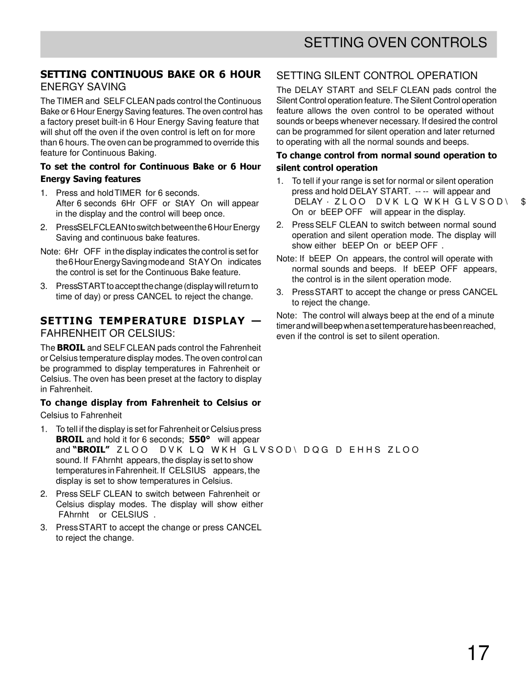 Frigidaire 318205205 Setting Continuous Bake or 6 Hour Energy Saving, Setting Temperature Display Fahrenheit or Celsius 