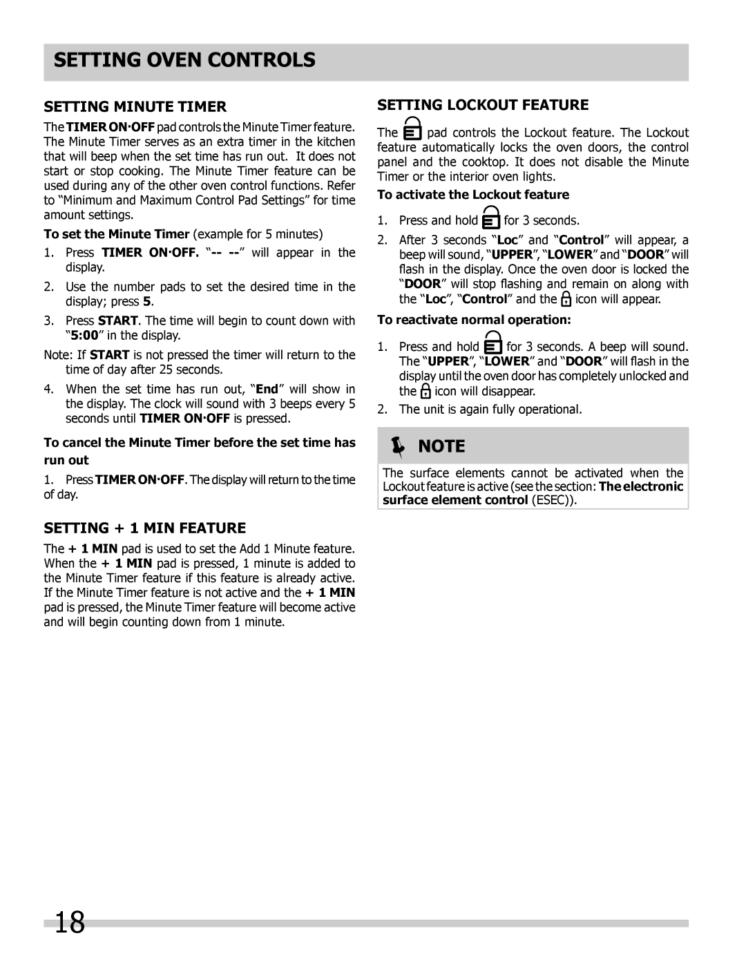 Frigidaire 318205205 manual Setting Minute Timer, Setting + 1 Min Feature, Setting Lockout Feature 