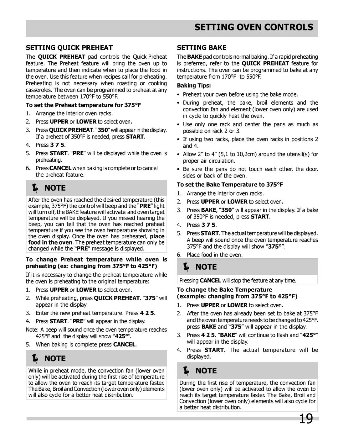 Frigidaire 318205205 manual Setting Quick Preheat, Setting Bake, To set the Preheat temperature for 375F, Baking Tips 
