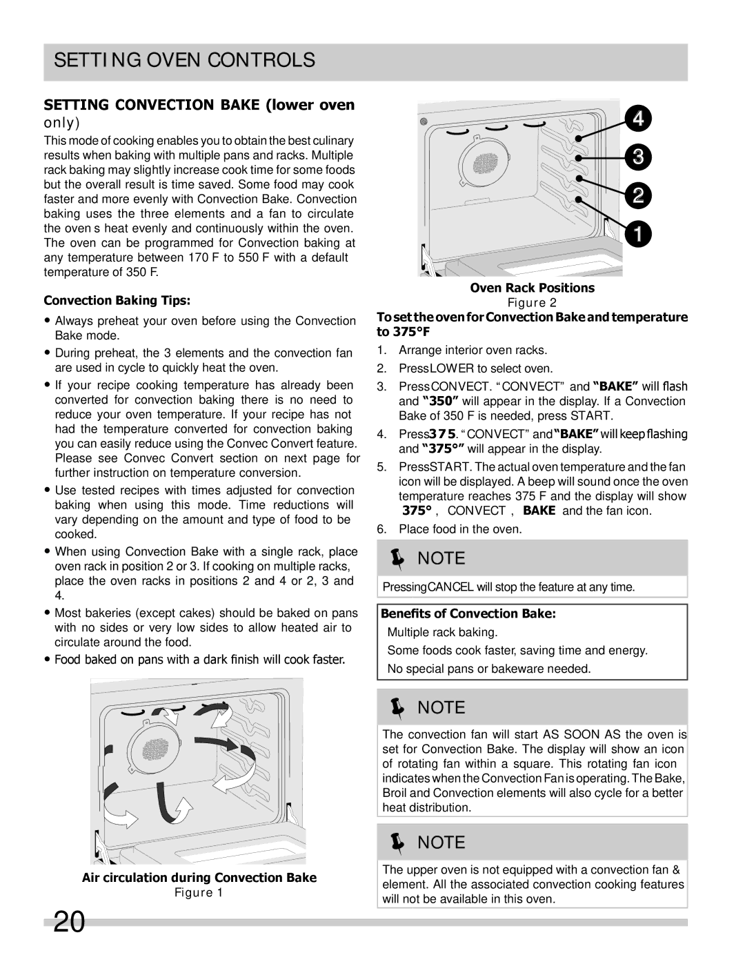 Frigidaire 318205205 manual Setting Convection Bake lower oven only, Convection Baking Tips, Benefits of Convection Bake 