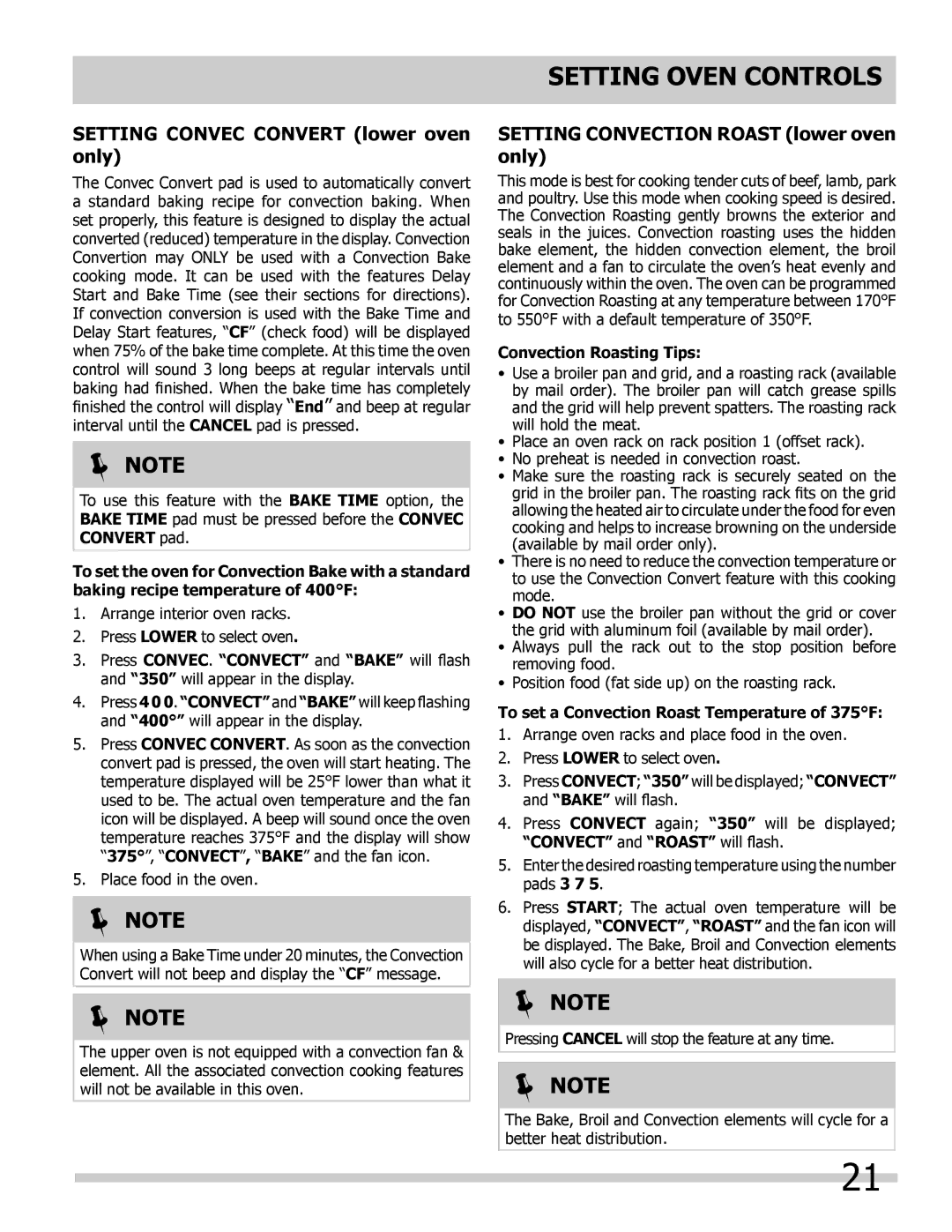 Frigidaire 318205205 manual Setting Convec Convert lower oven only, Setting Convection Roast lower oven only 