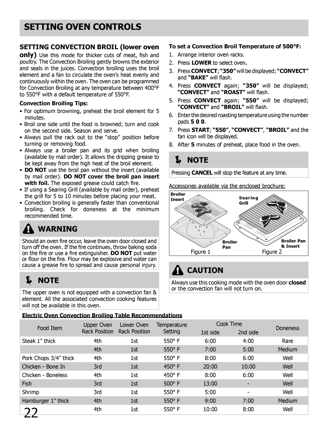 Frigidaire 318205205 manual Setting Convection Broil lower oven only, Convection Broiling Tips 