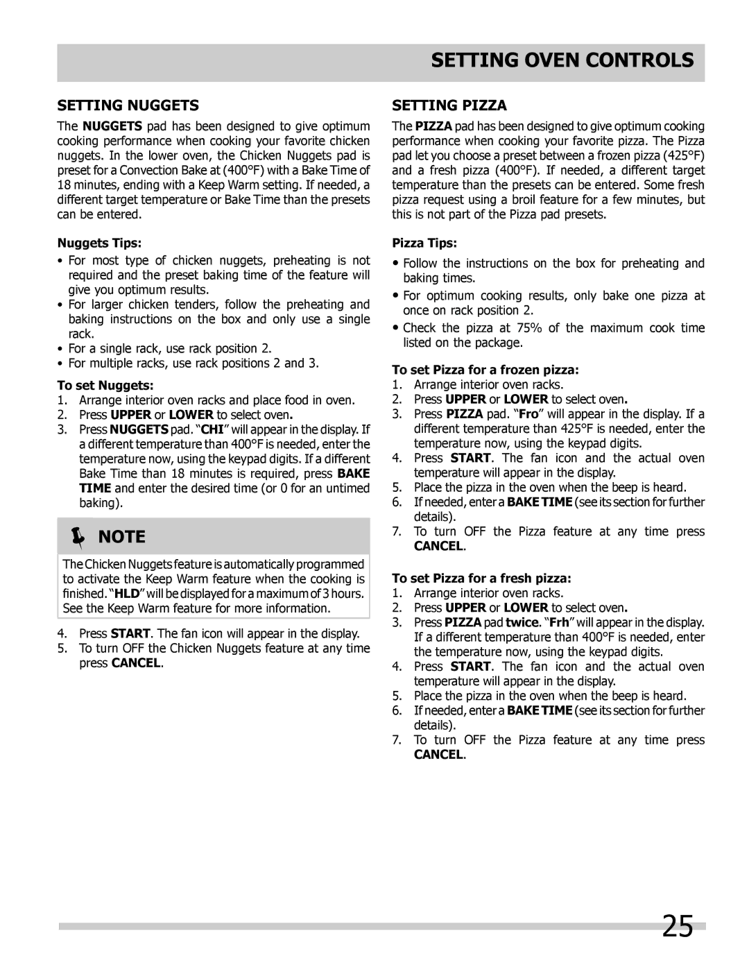 Frigidaire 318205205 manual Setting Nuggets, Setting Pizza 