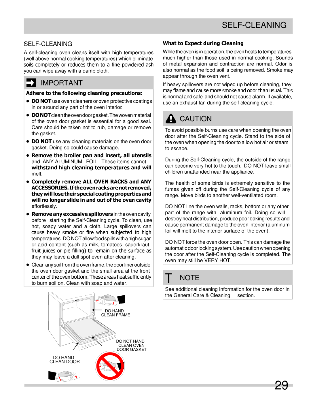 Frigidaire 318205205 manual Self-Cleaning, Adhere to the following cleaning precautions, What to Expect during Cleaning 