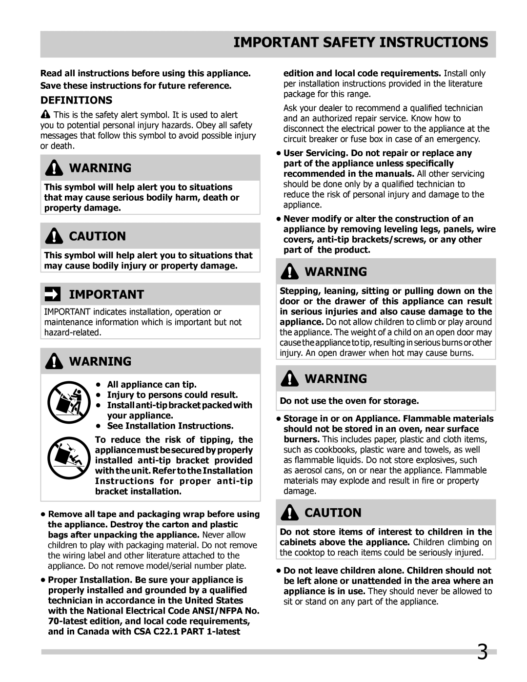 Frigidaire 318205205 manual Important Safety Instructions, Definitions 