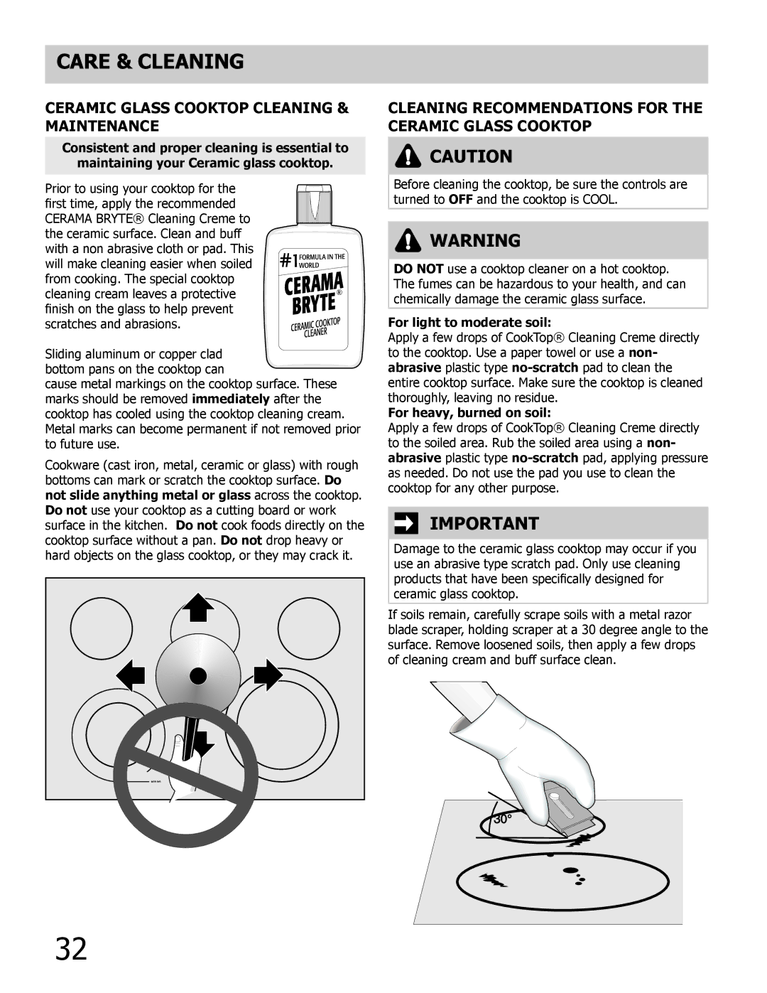 Frigidaire 318205205 manual Care & Cleaning, Ceramic glass cooktop cleaning & maintenance, For light to moderate soil 