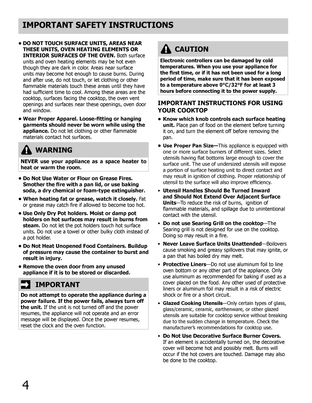 Frigidaire 318205205 manual Important Instructions for Using Your cooktop, Do not Touch Surface UNITS, Areas Near 