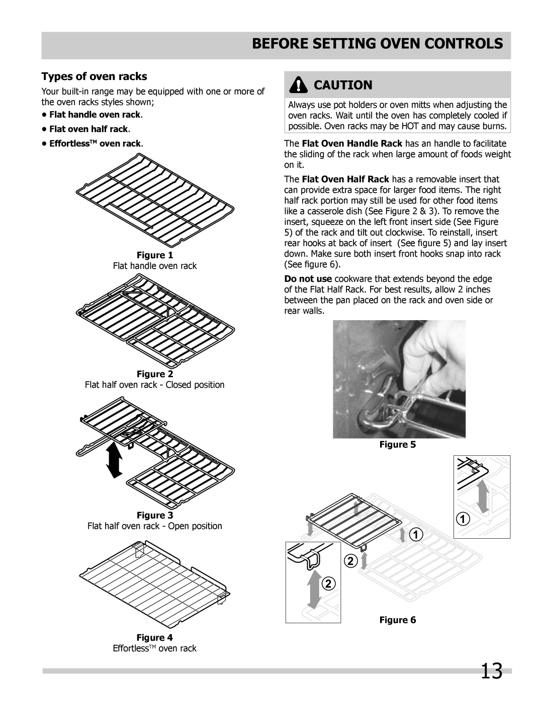Frigidaire 318205205 manual Types of oven racks, Flat handle oven rack Flat oven half rack EffortlessTM oven rack 