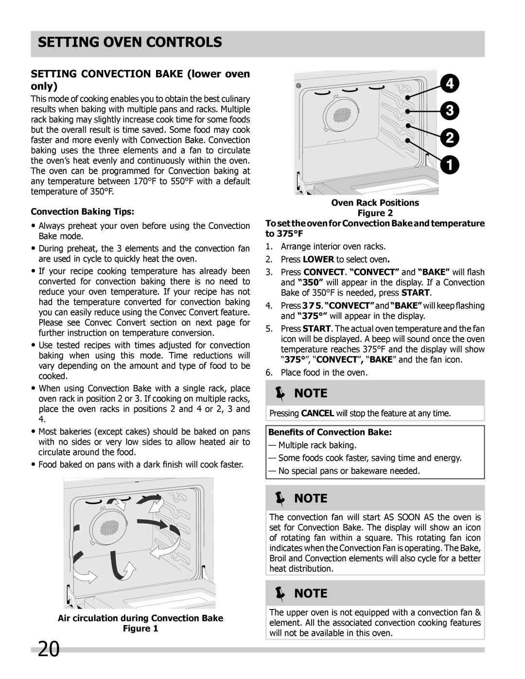 Frigidaire 318205205 manual Setting Oven Controls, Setting Convection Bake lower oven only, Convection Baking Tips,  Note 